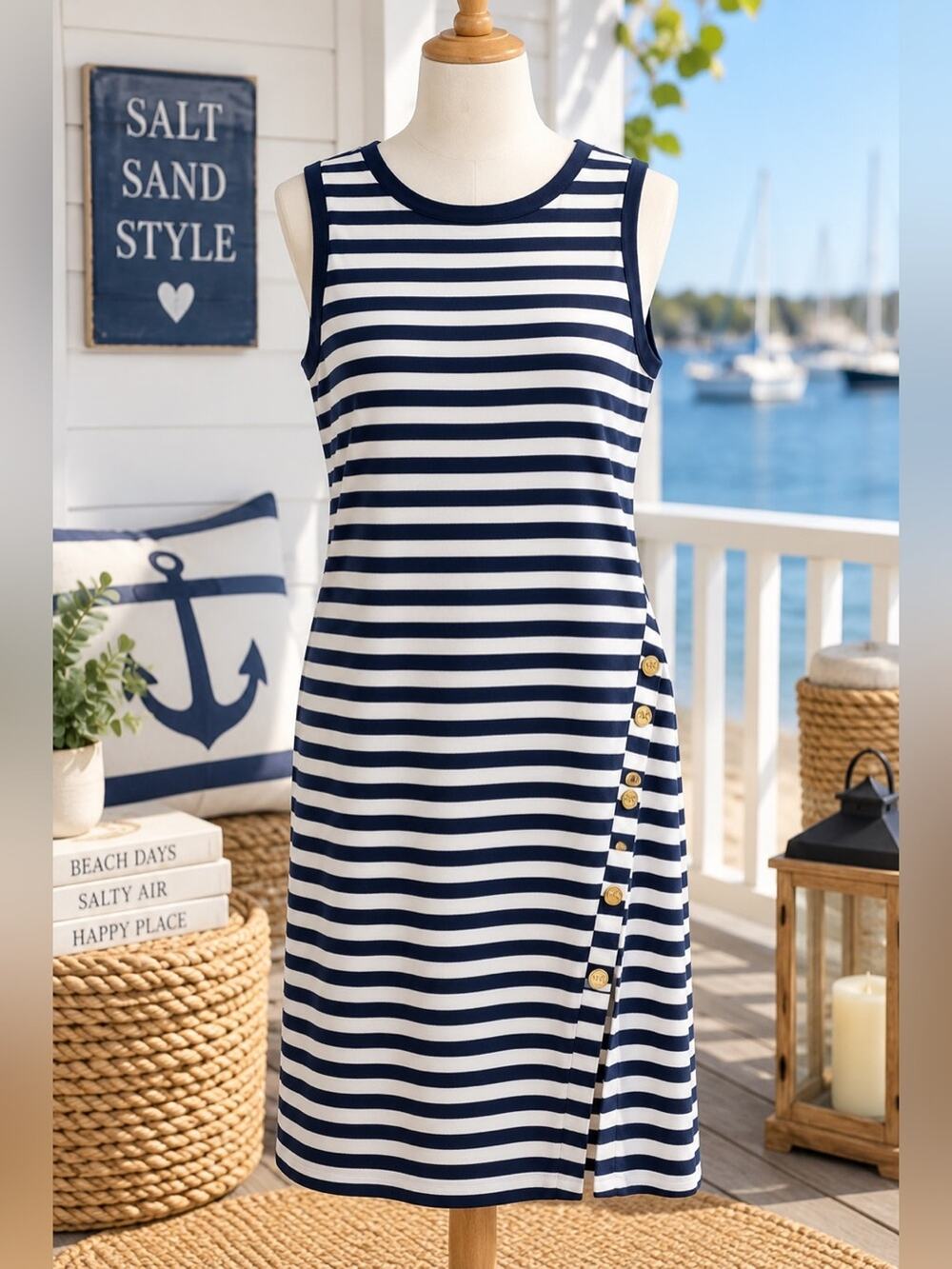 ⚓ Michael Kors Navy & White Striped Dress – Size Medium
